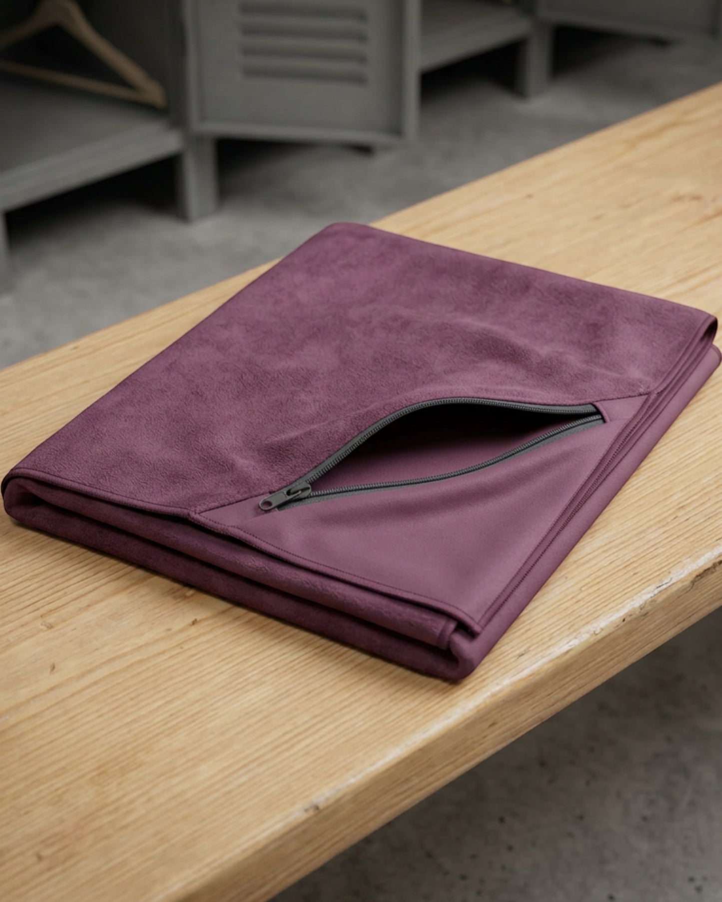 Latce Suede Microfiber Sports Towel 80 x 35 cm Plum Pocket - Lifestyle view