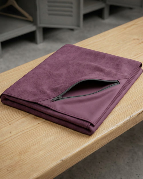 Latce Suede Microfiber Sports Towel 80 x 35 cm Plum Pocket - Lifestyle view